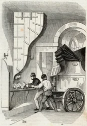 Inlägg: lastning av bålstolpen - Gravyr i "Tableau-de-Paris" av Edmond Texier 1852