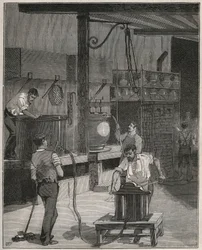 Keramik, Manufacture de Sevres: Vakuum- och tryckluftsgjutverkstad. Gravyr från 1885 i "" Les arts et metiers illustres"" av Adolphe BITARD.