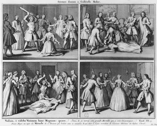 Praktik för assistans till Gabrielle Moler, illustration från La verite des miracles de M. de Paris... av Louis Basile Carre de Montgeron (1686-1754) 1747, Köln