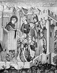 Predikning av de första missionärsapostlarna, illustration från vetenskap och litteratur under medeltiden och renässansen, skriven och graverad av Paul Lacroix, 1878
