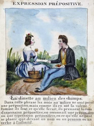 Prepositivt uttryck (Dinetten i mitten av fälten) - grammatikbok i bilder, ca 1850