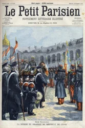 Presentation av flaggan för Kinas regemente av general Faure Biguet (Faure-Biguet) för general Arnoux guvernör vid Invalides i Paris, i "Le petit Parisien"" 1901 (gravyr)
