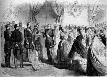 Presentation för Napoleon III (1808-1873) och till imponen Eugenie (1826-1920) av tolv makonnäser i landsdräkt. Macon, Saone och Loire (71)