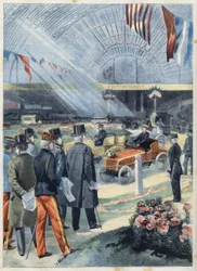 Republiken Frankrikes president Emile Loubet (1838-1929) har utställningen av industriell alkohol i maskingalleriet på Champ de Mars (Champs-de-Mars) i Paris, i "Le Petit Parisien"