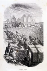 Fångar som drar block av stenbrott, ""Les Bagnes: histoire, types, moreurs, mystique"" av Maurice Alhoy, red. Gustav Håvard