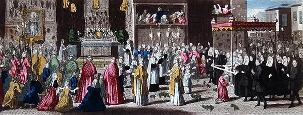 Procession under Fete-Dieu i Paris (färgad gravyr)
