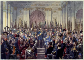 Utropande av Tyska kejsardömet den 18 januari 1871 i isgalleriet i Versailles efter det franska nederlaget i 1870 års krig mot Preussen. Vilhelm I (1797-1888) utropas till kejsare. 1800-tal Paris, Musee Carnavalet