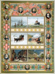 Framsteg under drottning Victorias regeringstid (1819-1901). Segelfartyg, ångfartyg, ångtåg samt gas- och elektrisk gatubelysning, 1887