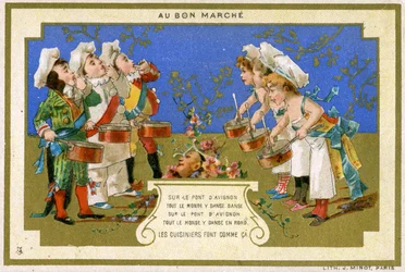 Kampanjkort för det parisiska varuhuset Au Bon Marché, föreställande kockar som dansar på bron i Avignon, ca 1895