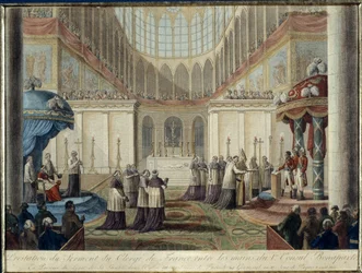 Kungörande av 1801 års konkordat: svurit in av Frankrikes präst i händerna på den 1:e konsuln Bonaparte, i närvaro av hans helighets legat i Metropolitan Church of Paris den 22:a groddåret 10, påskdagen 8 april 1802