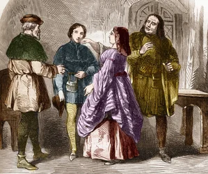 Prostitutionsscen i Paris i slutet av medeltiden. Gravyr i "Prostitutionens och utsvävningens historia bland alla världens folk från antiken till våra dagar" av Dr Th. -F. Debray. 1879.