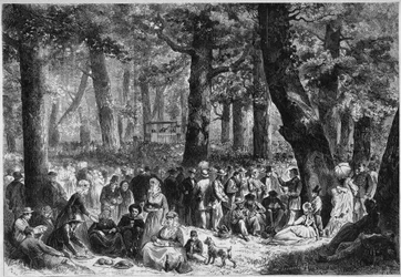 Protestantisk sed: "zendingsfeest" eller Missionsfestival som hålls i Holland. Pelerins äter under prediktorns tal. Gravyr i "" Le Monde Illustré"" nr 853 av 16 augusti 1873.