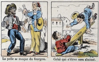 Ordspråk i Epinals bild: "" spaden hånar skåpbilen"", "" Den som reser sig kommer att sänkas""