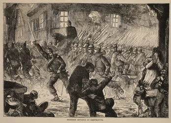 Preussisk frammarsch vid Gravelotte, illustration från Cassells historia om kriget mellan Frankrike och Tyskland, 1870-1871