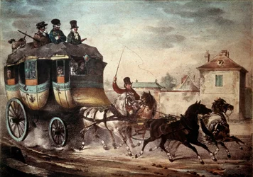 Kollektivtrafik: Diligence av linjen mellan Paris och Meaux. Illustration av skurken 1824. Compiegne, Chateau Museum