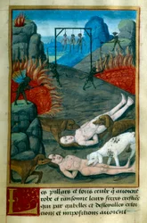 Tjuvar och plundrare straffas i helvetet genom att hängas, brännas och ätas upp av hundar. Miniatyr ur "Le Tresor de Sapience" av Jean Gerson (1363-1429) 1400-tal Chantilly, Musee Conde