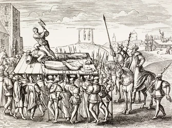 Bestraffningar som beslutats av kung Henrik VIII mot engelska katoliker, från "Militärt och religiöst liv under medeltiden" av Paul Lacroix, publicerad i London ca 1880