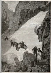 Pyrenéerna - bestigning av Pic du Midi - gravyr i "" PATRIE" - PIK BESKRIVNING AV FRANKRIKE I 6 BÅNDER AV LUCIEN HUARD - slutet av 1800-talet