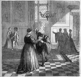 Drottning Margarita av Navarra (1492-1549) möter Pomini. Gravyr i "Prostitutionens och utsvävningens historia bland alla världens folk från antiken till våra dagar" av Dr Th. -F. Debray. 1879.