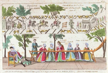 Drottning Mathilda och hennes tjänare väver Bayeuxtapeten, scen från en föreställning i Vaudeville
