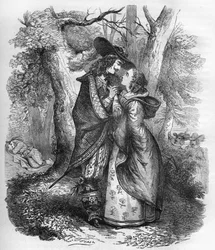 Drottning Sophie Dorothee av Zelle (1666-1726), hustru till George I av England och den unge Philip Christophe av Koenigsmark, i ett ögonblick av intimitet. Gravyr i "Prostitutionens och utsvävningens historia bland alla världens folk från antiken till