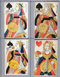 Spaderdrottning och Hjärtadrottning spelkort, 1600-1700-tal (färgad trästick)