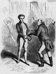 Rastignac yr låter den vithåriga mannen ta tio louis. Gravyr i mitten av 1800-talet. Illustration till "The Father Goriot" av Honore de Balzac (1799-1850).