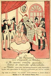Minne av 1914 för Michelin-däcket. La Vie Parisienne, reviderad och utökad av Bibendum: ”Jag ska vara er guide i den praktfulla världen, eftersom Michelin, min far, ger er världens vackraste organisation för bilturism.” På väggen en ram med