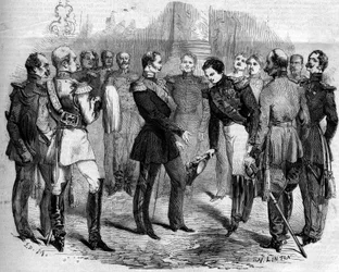 Mottagande av den franske kejsaren Napoleon III (1808-1873) av den ryske tsaren Alexander II (1818-1881) i Warszawa (Polen)