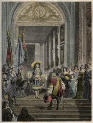 Mottagning av Grand Conde i Versailles av Ludvig XIV - trappan des ambassadeurs - Mottagning av Grand Conde (Louis II av Bourbon Conde) av kungen av Frankrike Ludvig XIV till Versailles 1674. gravyr i "" PATRIE""" - BESKRIVNING PECTURERICIAL DE