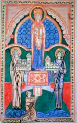 Jungfruns Regne vid sammanslagningen av klostret i Citeaux och klostret i Saint Vaast (Saint-Vaast). Den helige Jerome. Kommentar till Jeremie. Miniatyr från Citeaux-manuskript, ca 1125. 32,6 x 31,7 cm. Dijon, stadsbiblioteket (Ms. 130)