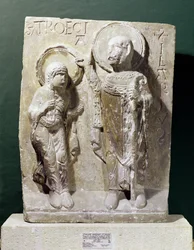 Relief föreställande St. Hilary av Poitiers (320-368) som välsignar St. Triaise, ca 1150