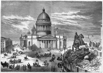 Religiös arkitektur: utsikt över den ortodoxa kyrkan Saint Isaac (1819-1858) i Sankt Petersburg (Sankt Petersburg) i Ryssland, byggd enligt planerna av arkitekten Ricard de Montferrand (1786-1858). Till höger är ryttarstatyn av Peter