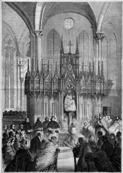Religiös konst: staty av Notre Dame du Pillar eller "" Virgo Noire"" (cirka 1540) i katedralen i Chartres (Eure et Loire, 28) 1858. Gravyr i "" Le Monde Illustré"" nr 89 av 25 december 1858.