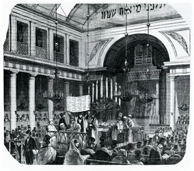Religiös ceremoni vid den gamla Parissynagogan för Rosh Hashana, illustration från Le Tableau de Paris av Edmond Texier, publicerad i Paris, 1852