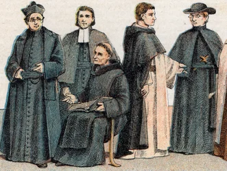 Religiösa dräkter: från vänster till höger, porträtt av en jesuit, en maristbroder (Marcellin Champagnat), en benediktinmunk, en dominikanmunk och en oblat - Gravyr