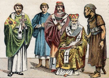 Religiösa dräkter i antiken: från g a d porträtt av en bysantinsk diakon, en kristen präst från det första århundradet, en eveque på 500-talet, en bysantinsk patriark och en anachorete - Gravyr - Religiösa dräkter i antiken: från vänster till r