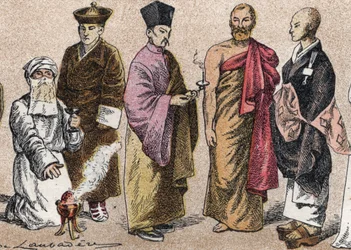 Asiens religiösa dräkter: från g a d porträtt av en präst Parsi (parsism eller anhängare av parsism), Lama (tibetansk andlig mästare), kinesisk buddhistpräst, Ceylon-bonze och japansk buddhistpräst - Gravyr - Religiösa dräkter i Asien: från vänster till ri