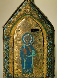 Relikvieskrin med scener från St Valerias liv, Limoges, ca 1175 (trä, koppar & cloisonne-emalj, graverad och förgylld)