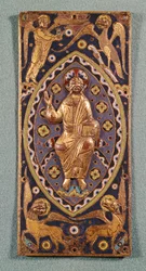 Relikviestavla föreställande Kristus med evangelisternas symboler (emaljerad koppar)