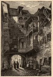 Rennes - Den gamla porten till Passage des Carmelites - gravering i "" PATRIE" - PECTUREQUIREQUE BESKRIVNING AV FRANKRIKE I 6 VOLYER AV LUCIEN HUARD - slutet av 1800-talet