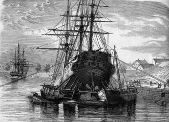 Reparation av ett fartyg (ångbåten "Vera Cruz"): vi lyfter den bakre för att sätta spiralen upptäckt. 1863. Gravyr i "" Le Monde Illustré"" nr 320 av 30 maj 1863.
