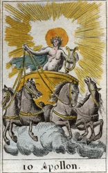 Framställning av Apollon, sångens, musikens och poesins gud, på sin vagn (Apollon, ljusets, musikens och poesins gud). Ur ”Ungdomens mytologi” av Pierre Blanchard, 1803.