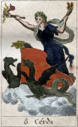 Representation av Ceres på sin vagn, jordbrukets gudinna, skörd och fecondite (Ceres, jordbrukets gudinna, fertilitet, representerad på en vagn). från "Mythologie de la jeunesse" av Pierre Blanchard 1803.