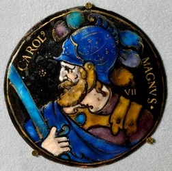 Representation av Karl den Store (Karl I den store) (742 - 814), kung av Frankrike. Medaljong i e-post från Limoges på 1500-talet. Lyssna, National Renaissance Museum