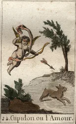 Representation av Amor, eller Amour, tjänare till Venus, som ett barn med ögonbindel, som drar en pil (Amor, kärlekens gud, som ett barn med ögonbindel, drar en pil). Från "Mythology of Youth" av Pierre Blanchard 1803.
