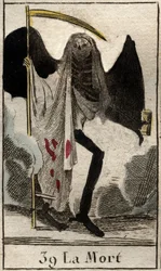 Framställning av Döden, ett svartklätt och bevingat skelett som håller en stor lie. (Döden, bevingat skelett klätt i svart, hållande en lie) Ur ”Mythologie de la jeunesse” av Pierre Blanchard, 1803.