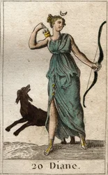 Framställning av Diana, jaktens gudinna, hon håller en båge och pilar. Ur ”Ungdomens mytologi” av Pierre Blanchard, 1803.