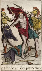 Representation av Enee som, skyddad av Neptunus, avviker från kampen mot Akilles. (Representation av Aeneas som, skyddad av Neptunus, lämnar kampen mot Akilles). Från "Mythology of Youth" av Pierre Blanchard 1803.
