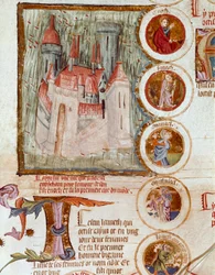 Representation av Enocham, första citat av världen grundad av Yared (Yered, Jared eller Jareth) som hyllning till hans son Enoch (Henoch eller Henoc) Page hämtat från manuskriptet "Genealogy de la Bible"" från den franska skolan. Cremone från 1300-talet, b